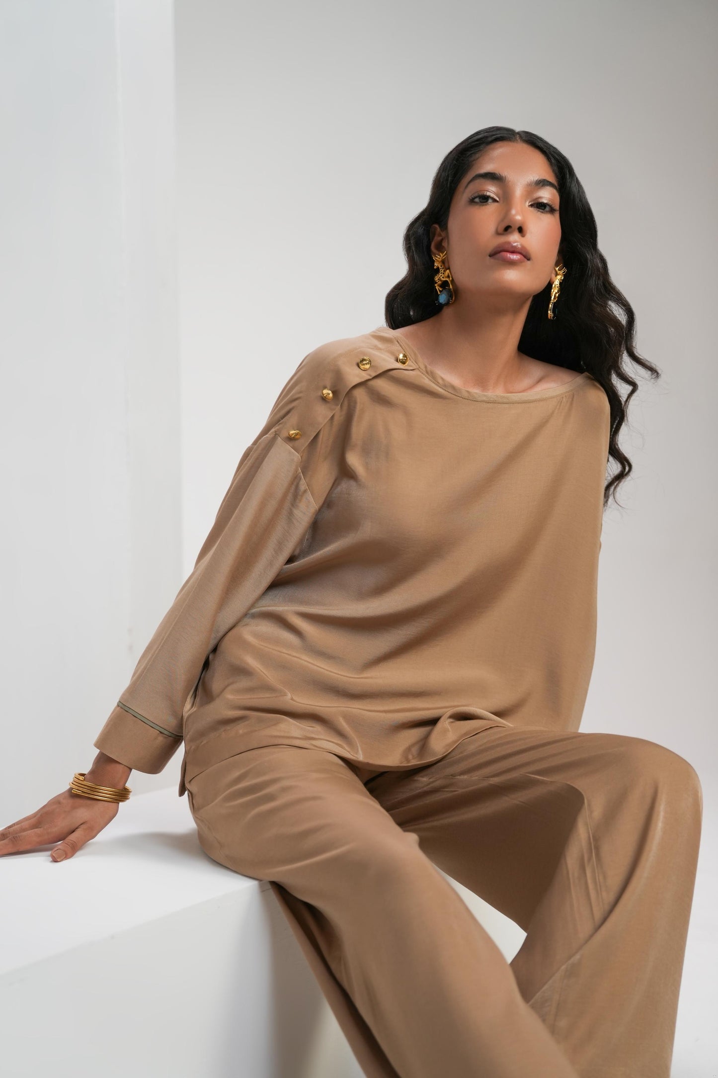 Biscuit Brown Crepe Coord Set