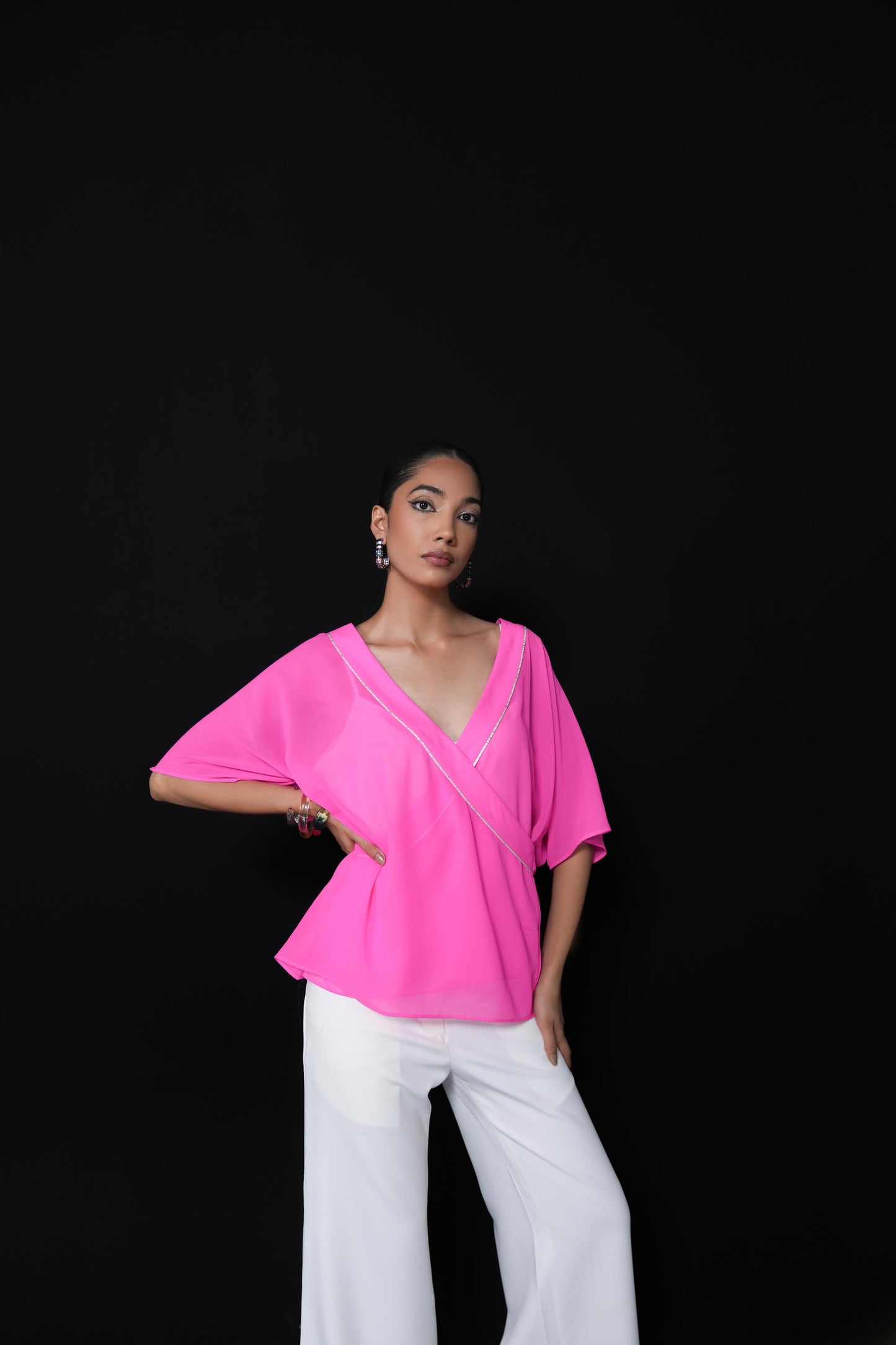 Neon pink free flowing shirt with silver detailing