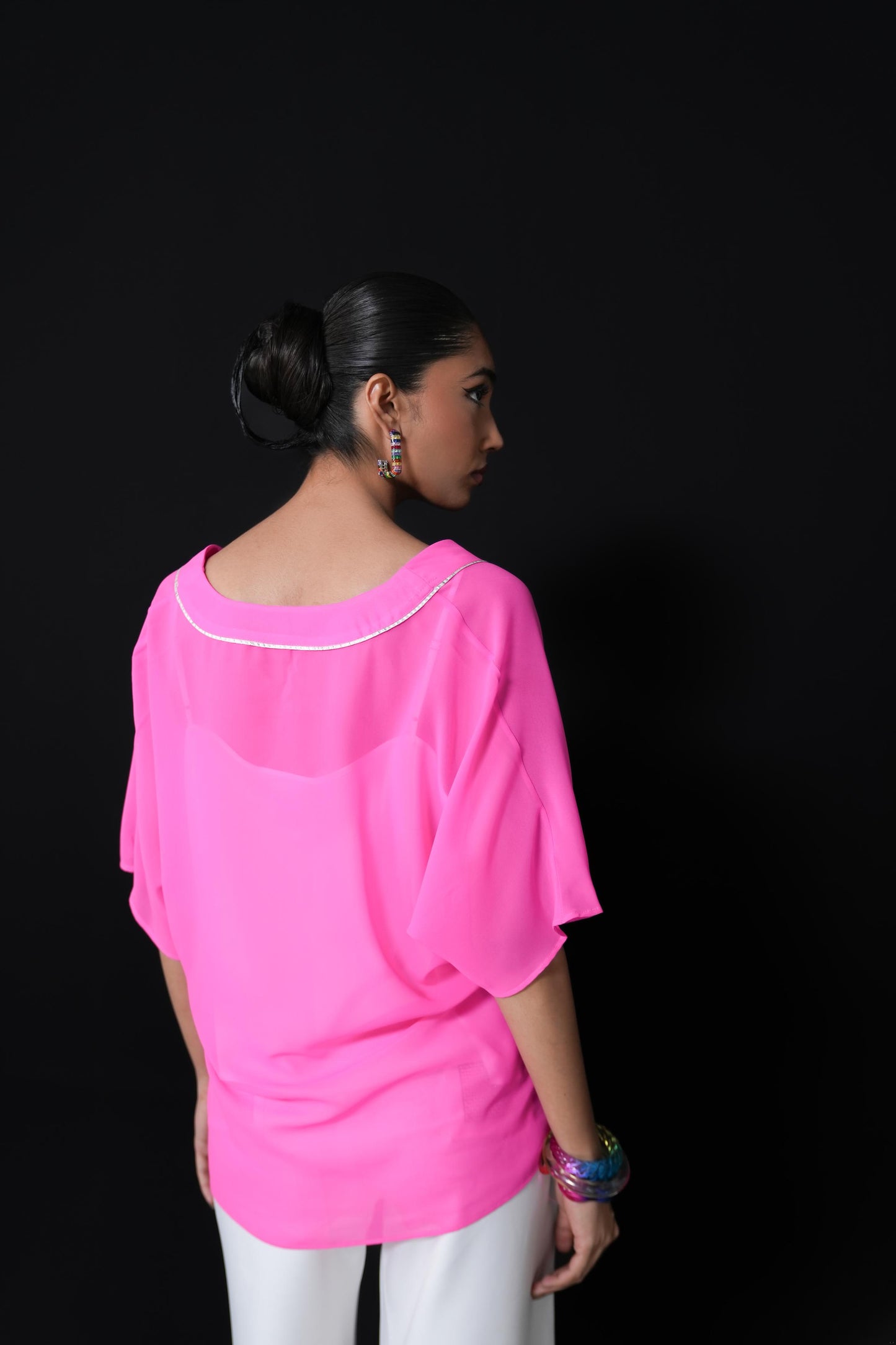Neon pink free flowing shirt with silver detailing