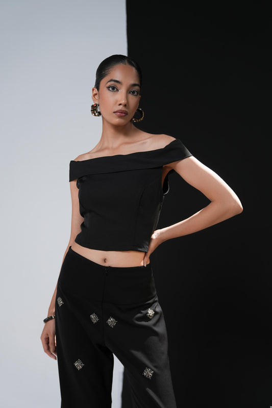 Black coord set with swaroski embelished boot cut trousers and strech fabric shirt