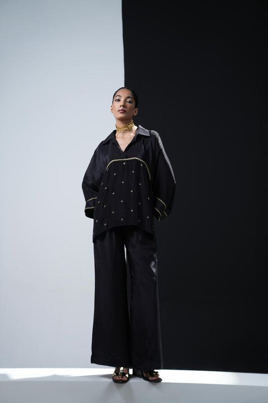 Black crepe shirt with tonal gold zardosi detailing