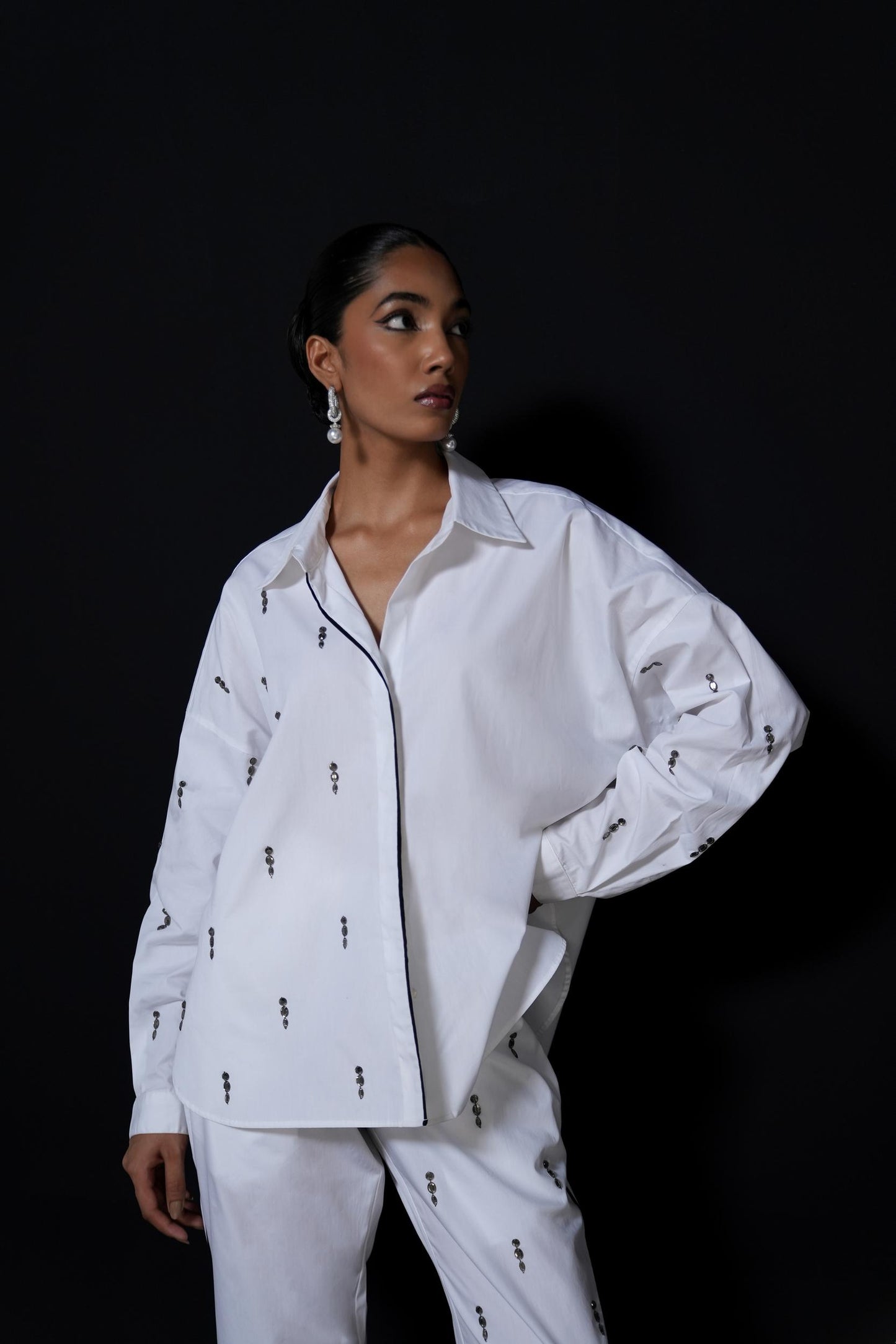 White cotton coordset with swarovski detailing