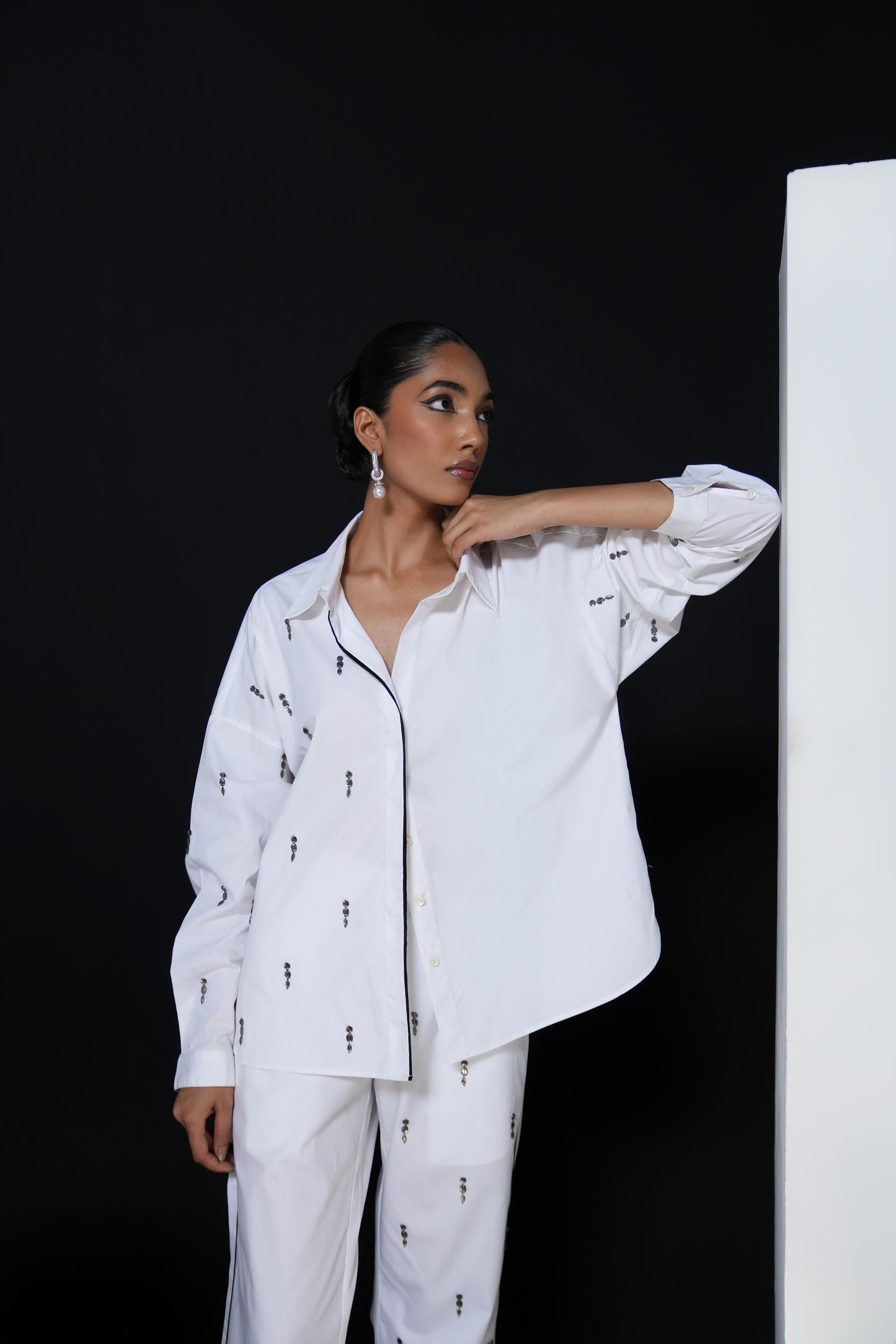 White cotton coordset with swarovski detailing
