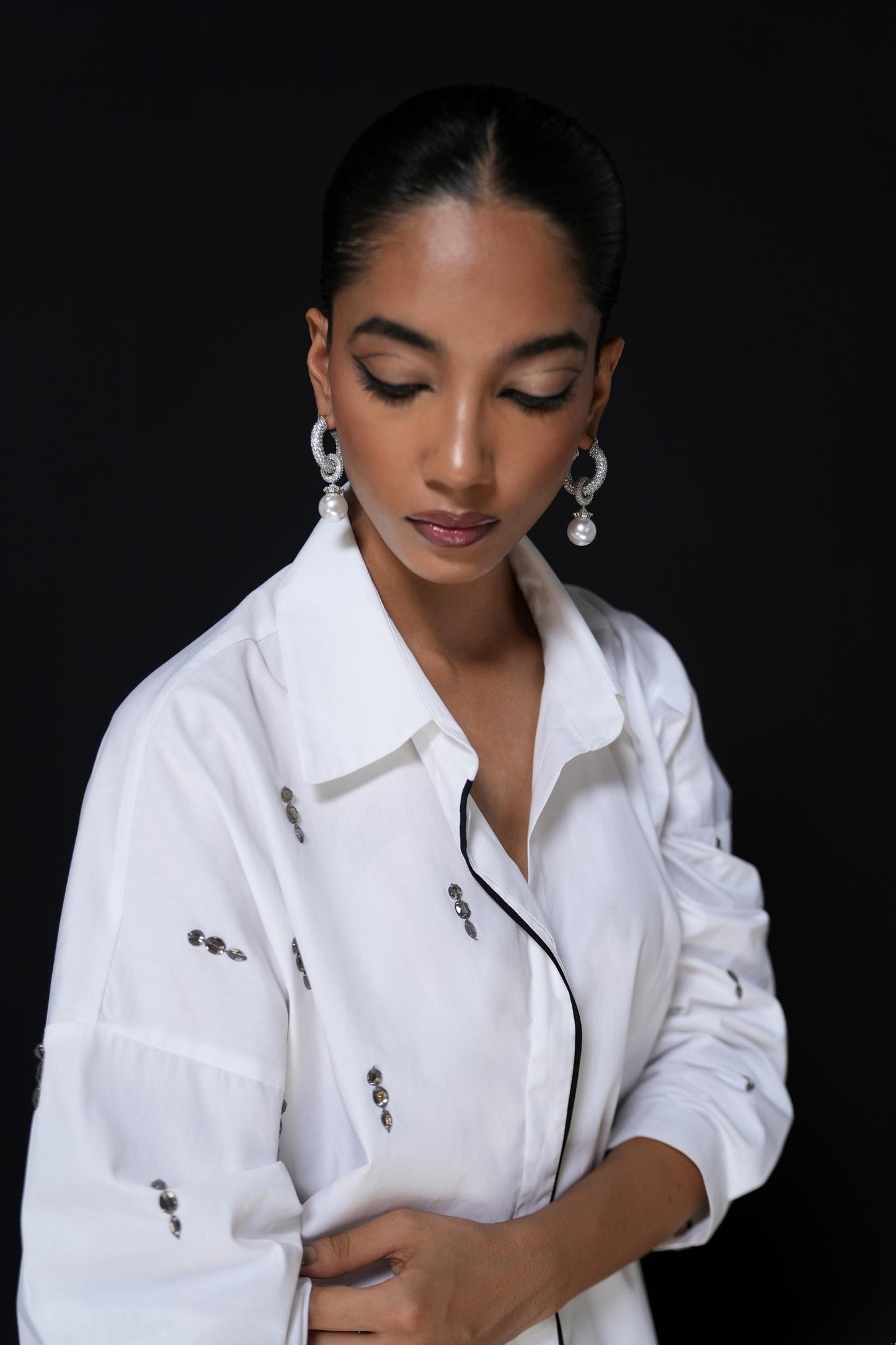 White cotton coordset with swarovski detailing
