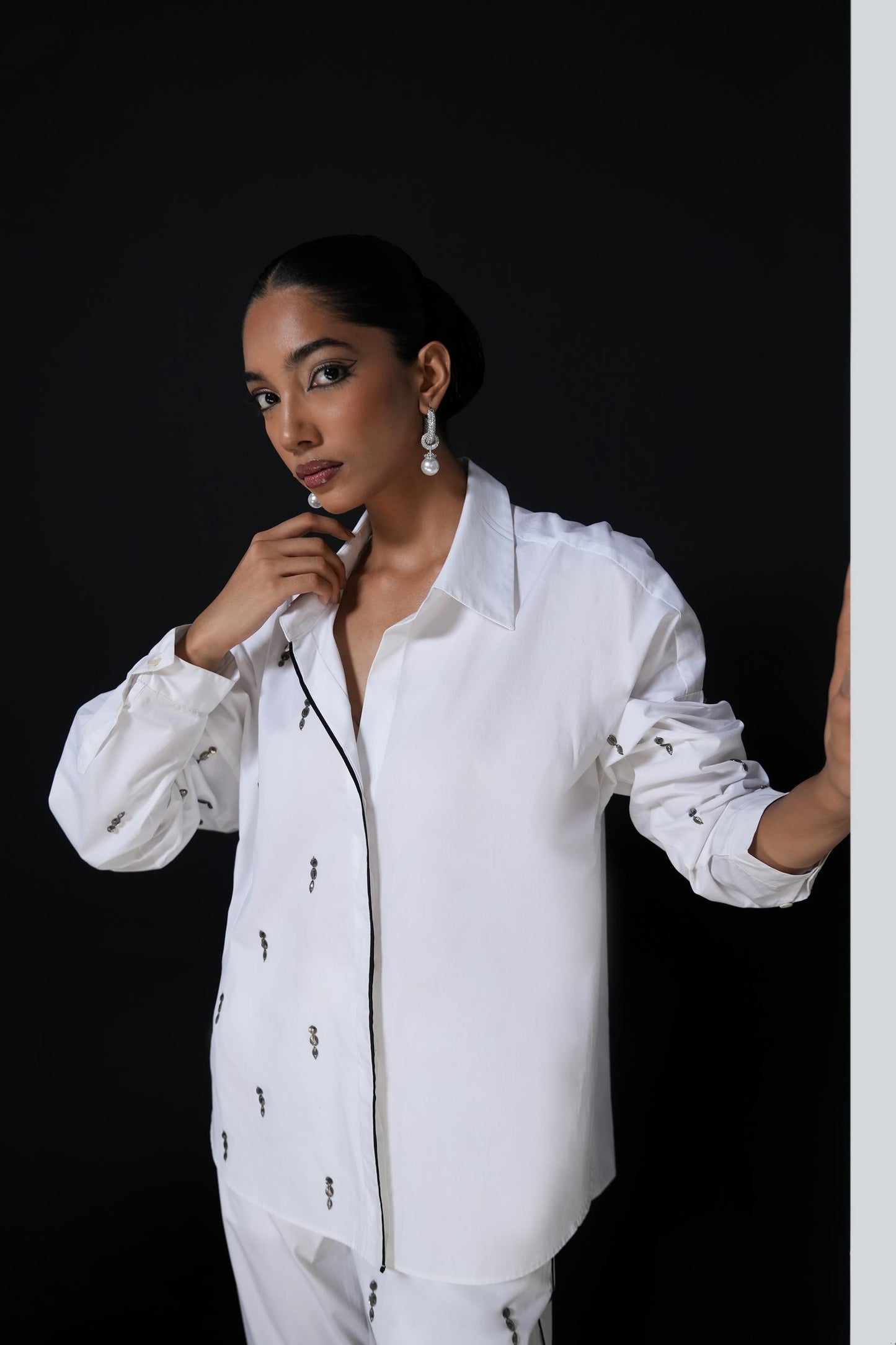 White cotton coordset with swarovski detailing