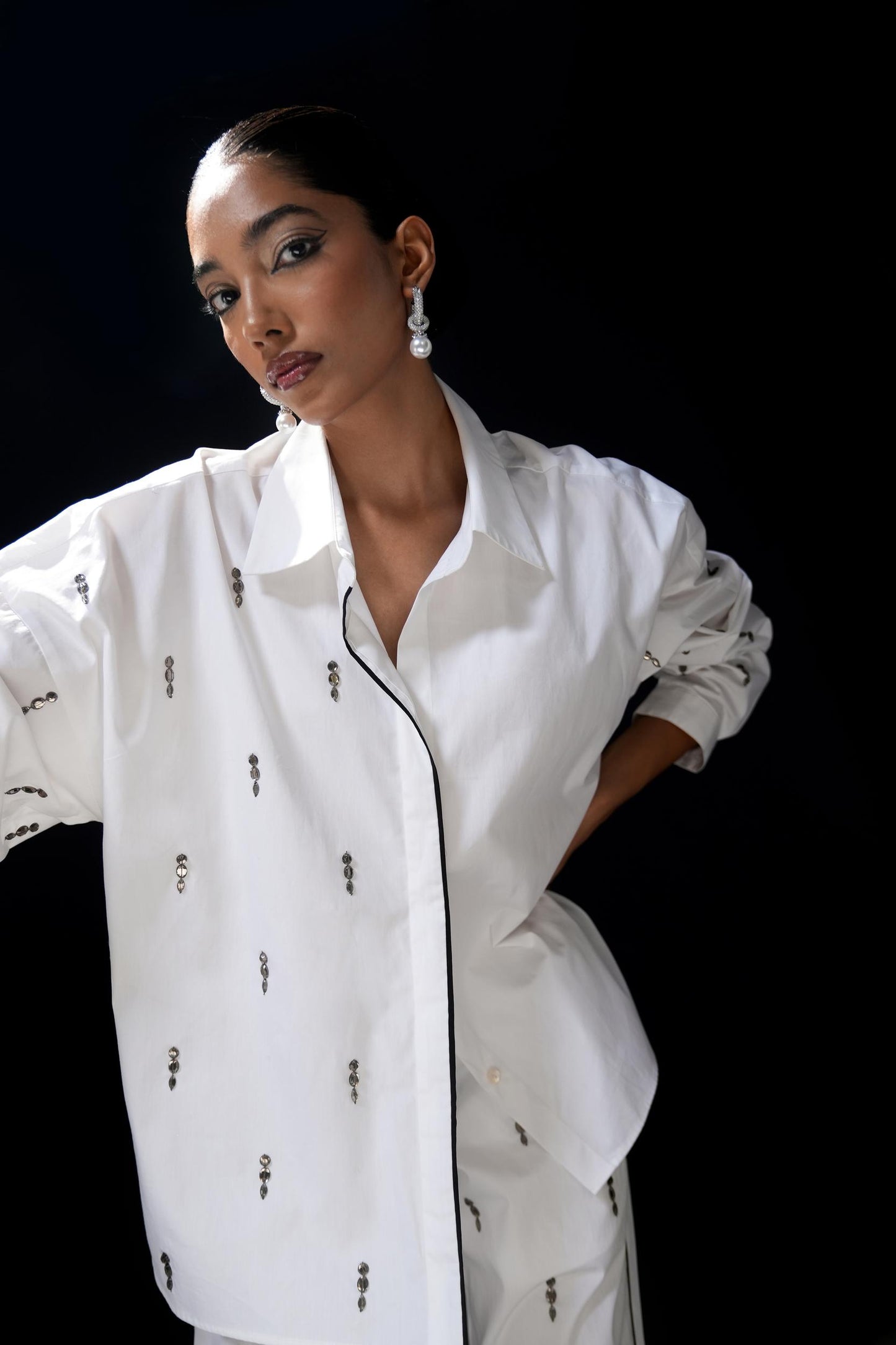 White cotton coordset with swarovski detailing