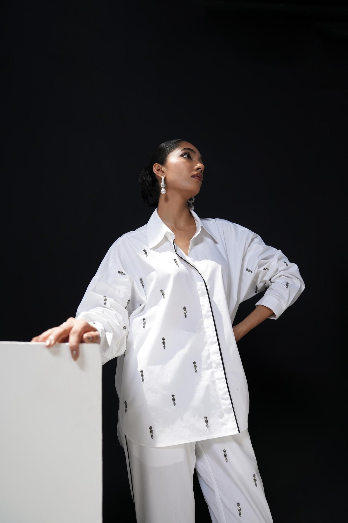 White cotton coordset with swarovski detailing