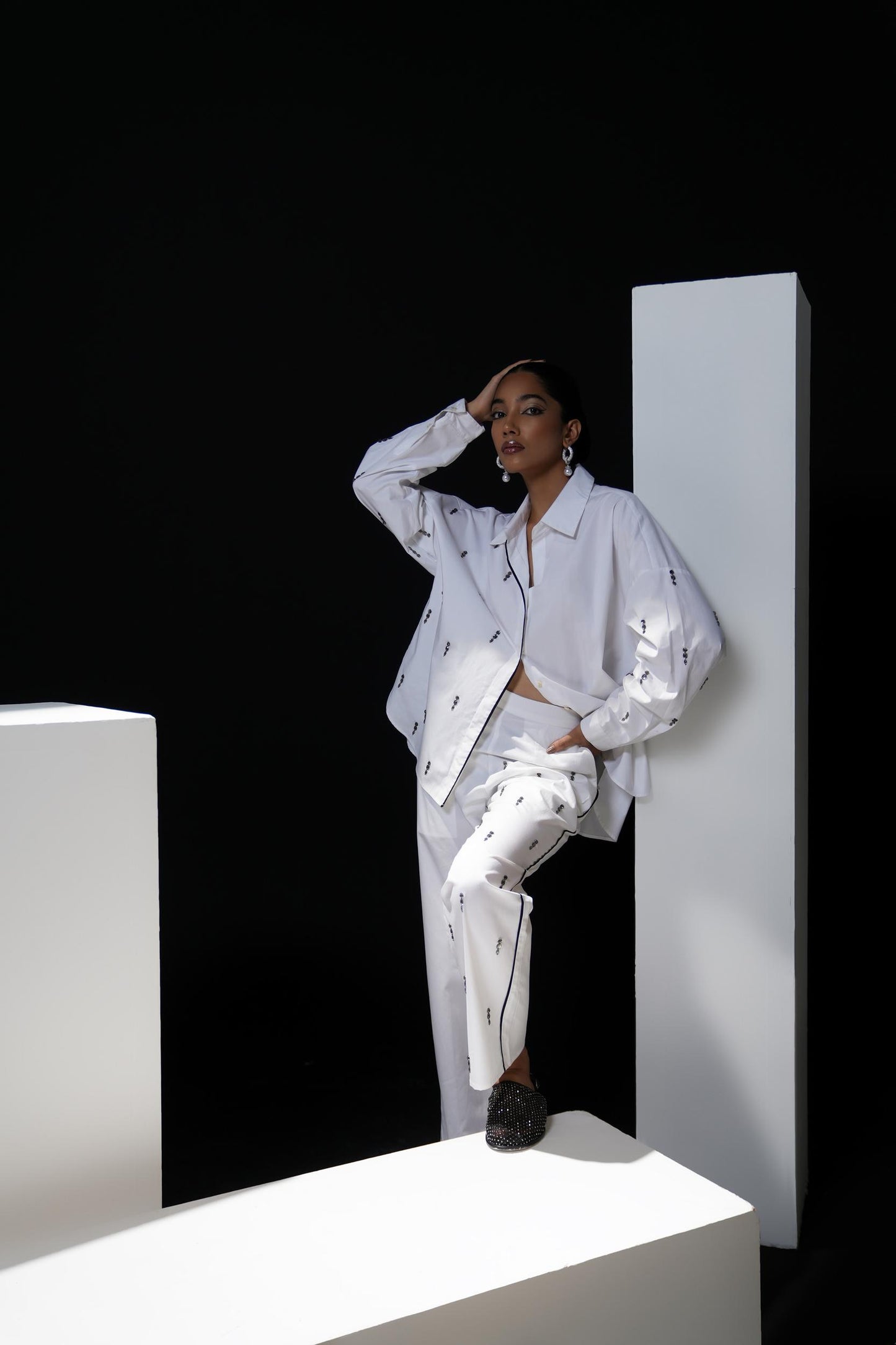 White cotton coordset with swarovski detailing