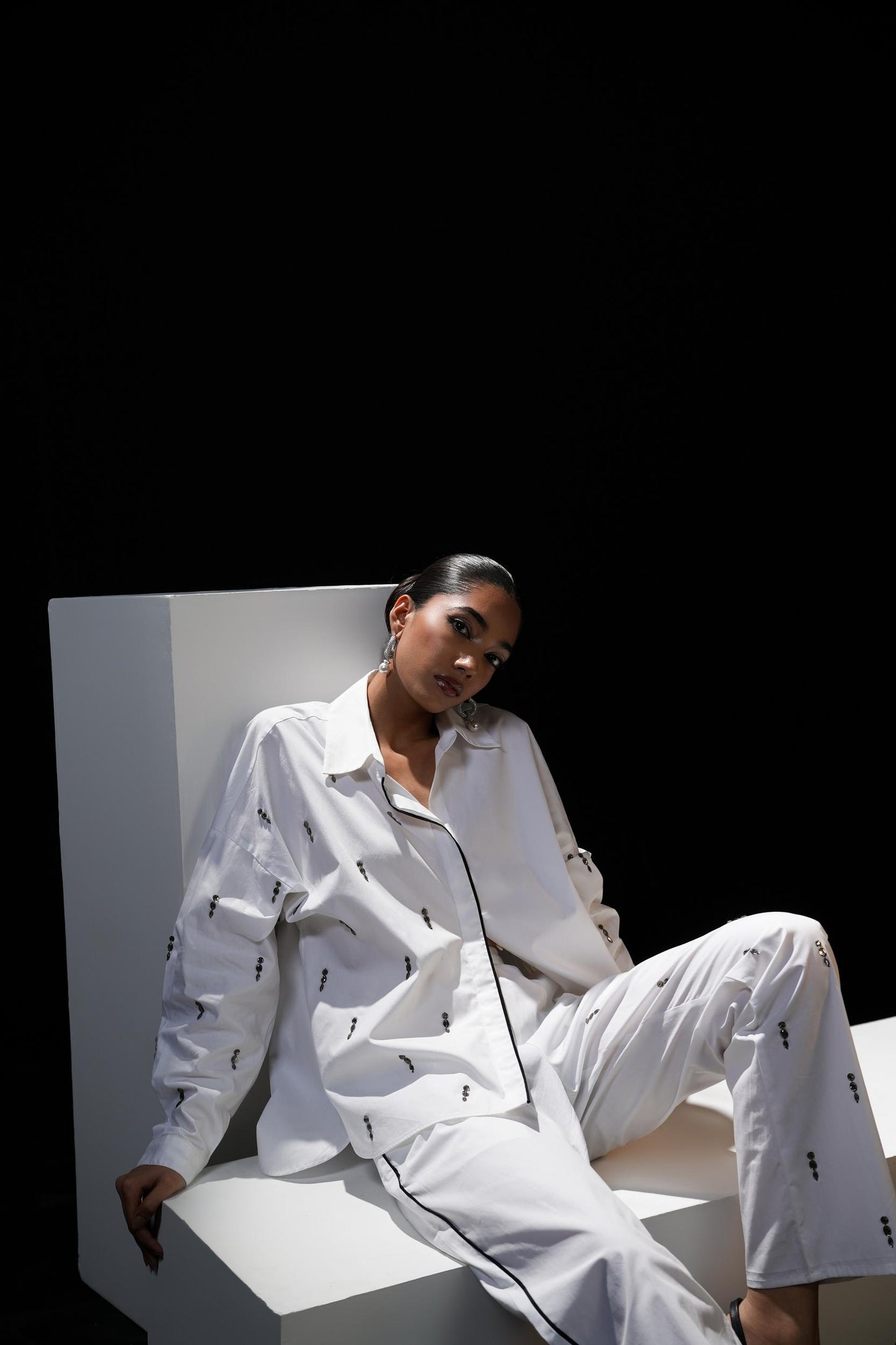White cotton coordset with swarovski detailing