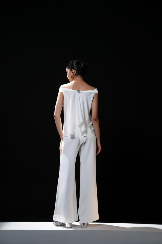 Pristine white coord set - saturn free flowing shirt bootcut trousers