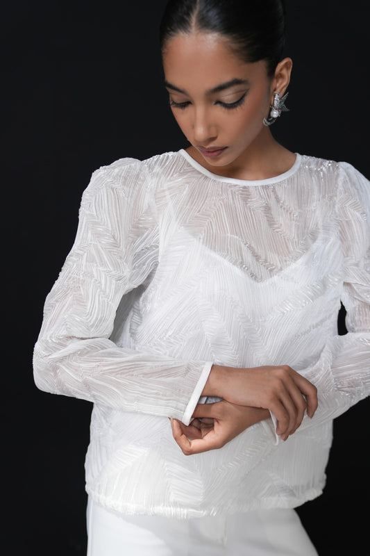 Three piece coordset with crinkled shirt and back buttons