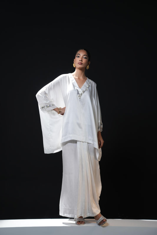 Satin dhoti with an easy flowing shirt with pearl detailing
