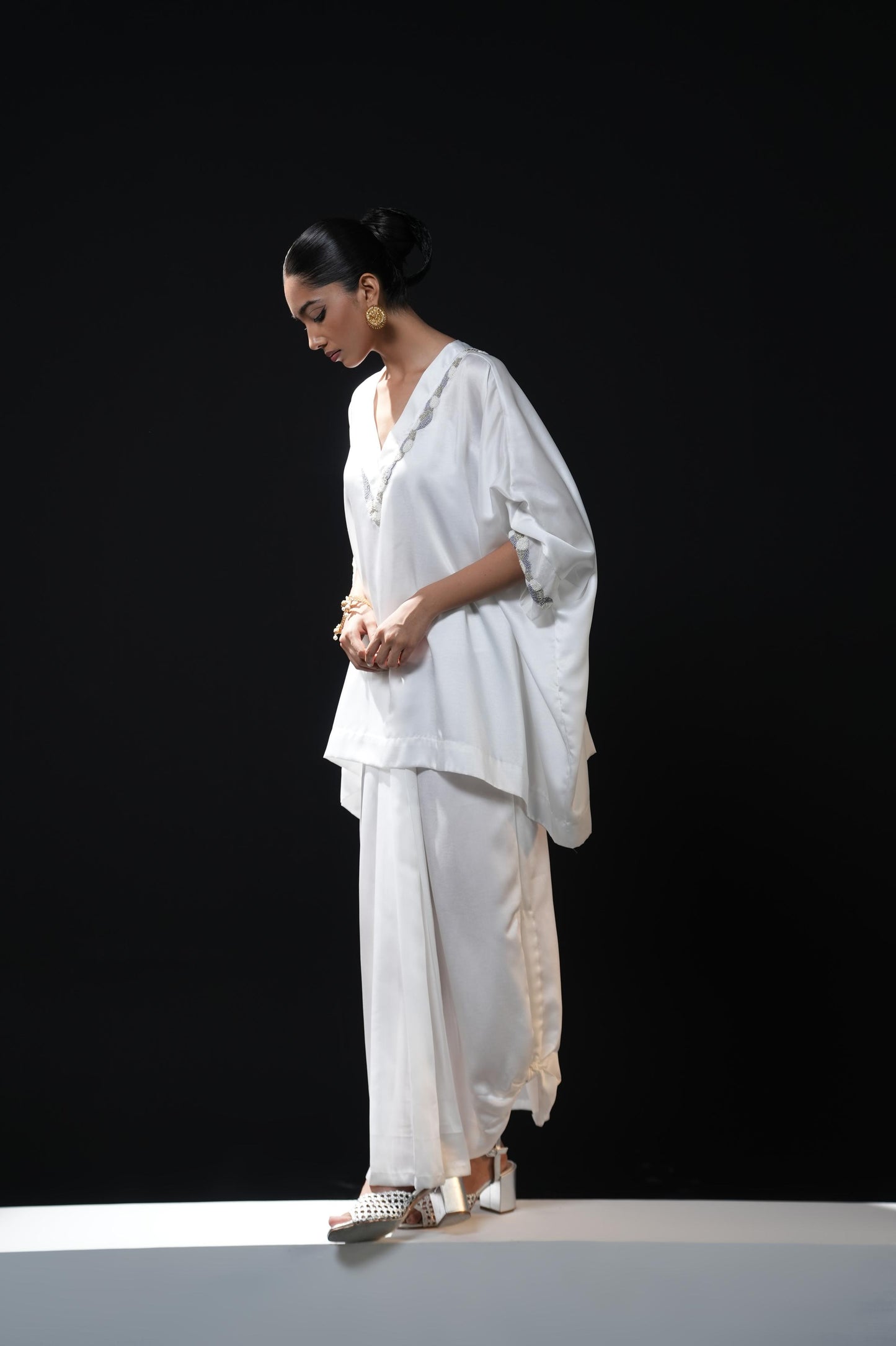 Satin dhoti with an easy flowing shirt with pearl detailing