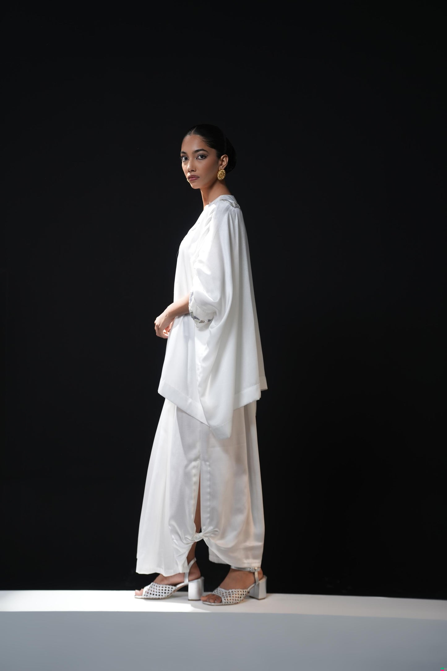 Satin dhoti with an easy flowing shirt with pearl detailing