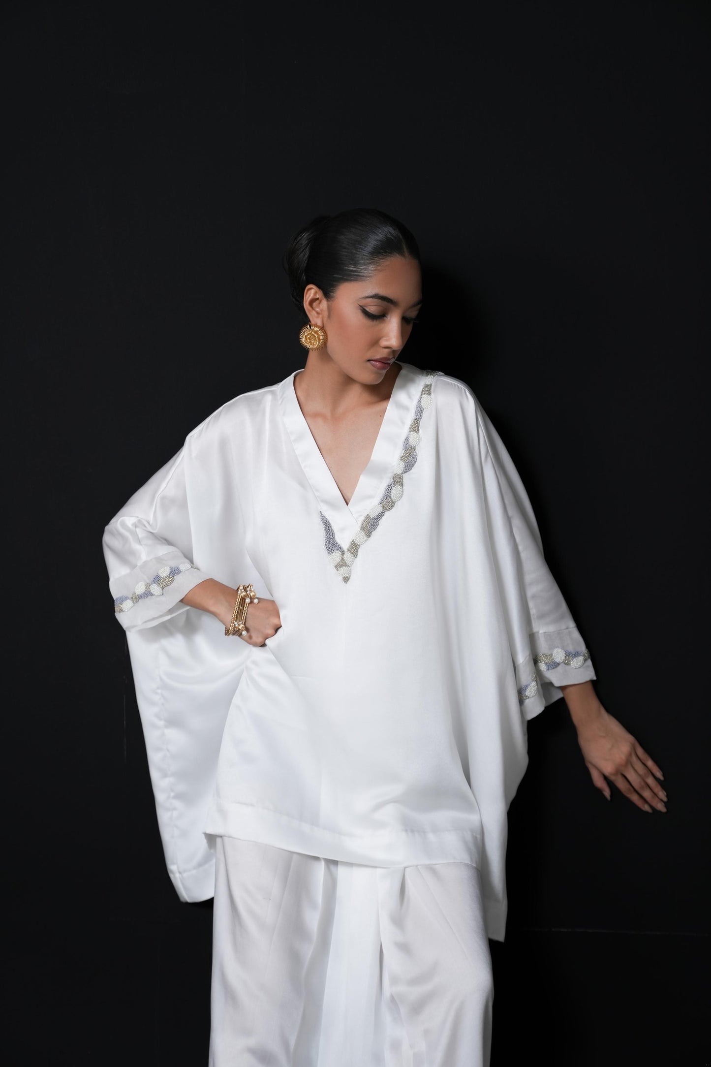 Satin dhoti with an easy flowing shirt with pearl detailing