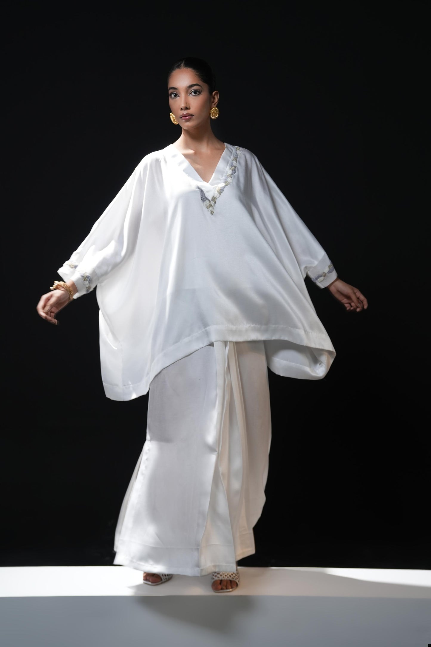 Satin dhoti with an easy flowing shirt with pearl detailing