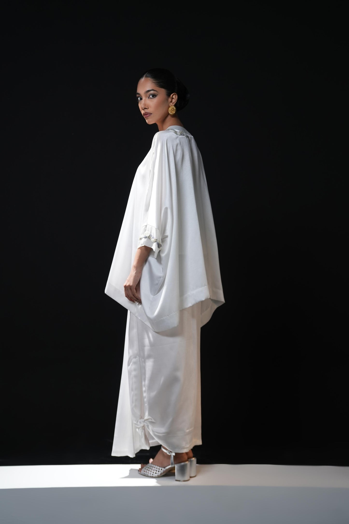 Satin dhoti with an easy flowing shirt with pearl detailing