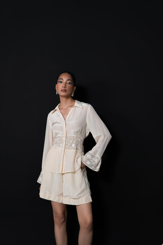 Crepe shorts coord set with silk thread and pearl embroidery
