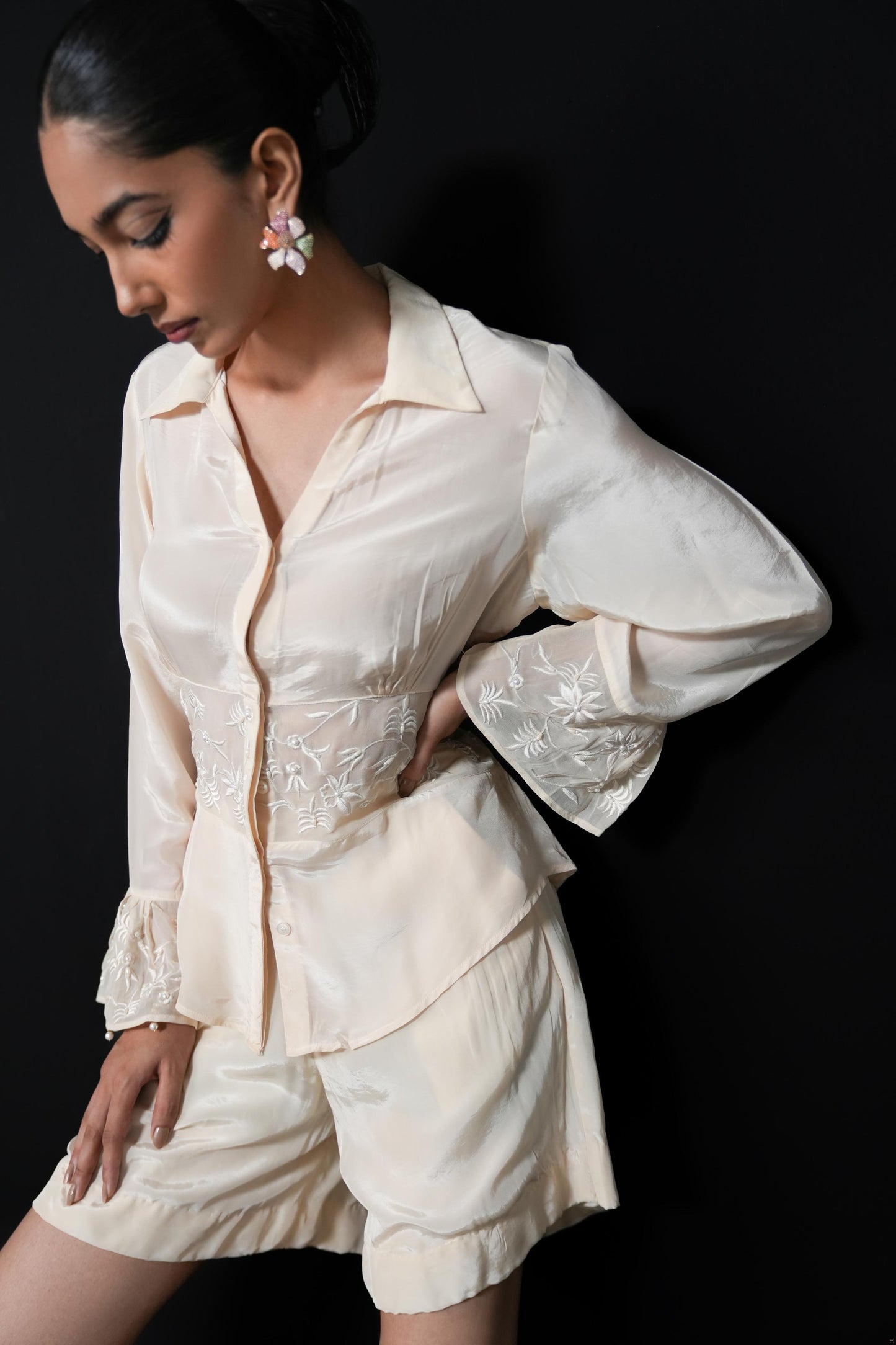 Crepe shorts coord set with silk thread and pearl embroidery