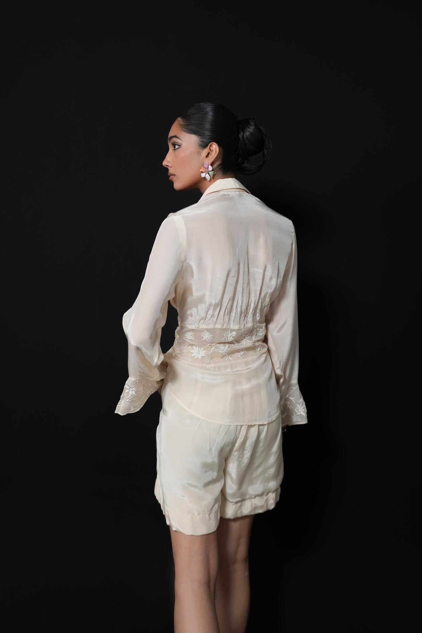 Crepe shorts coord set with silk thread and pearl embroidery