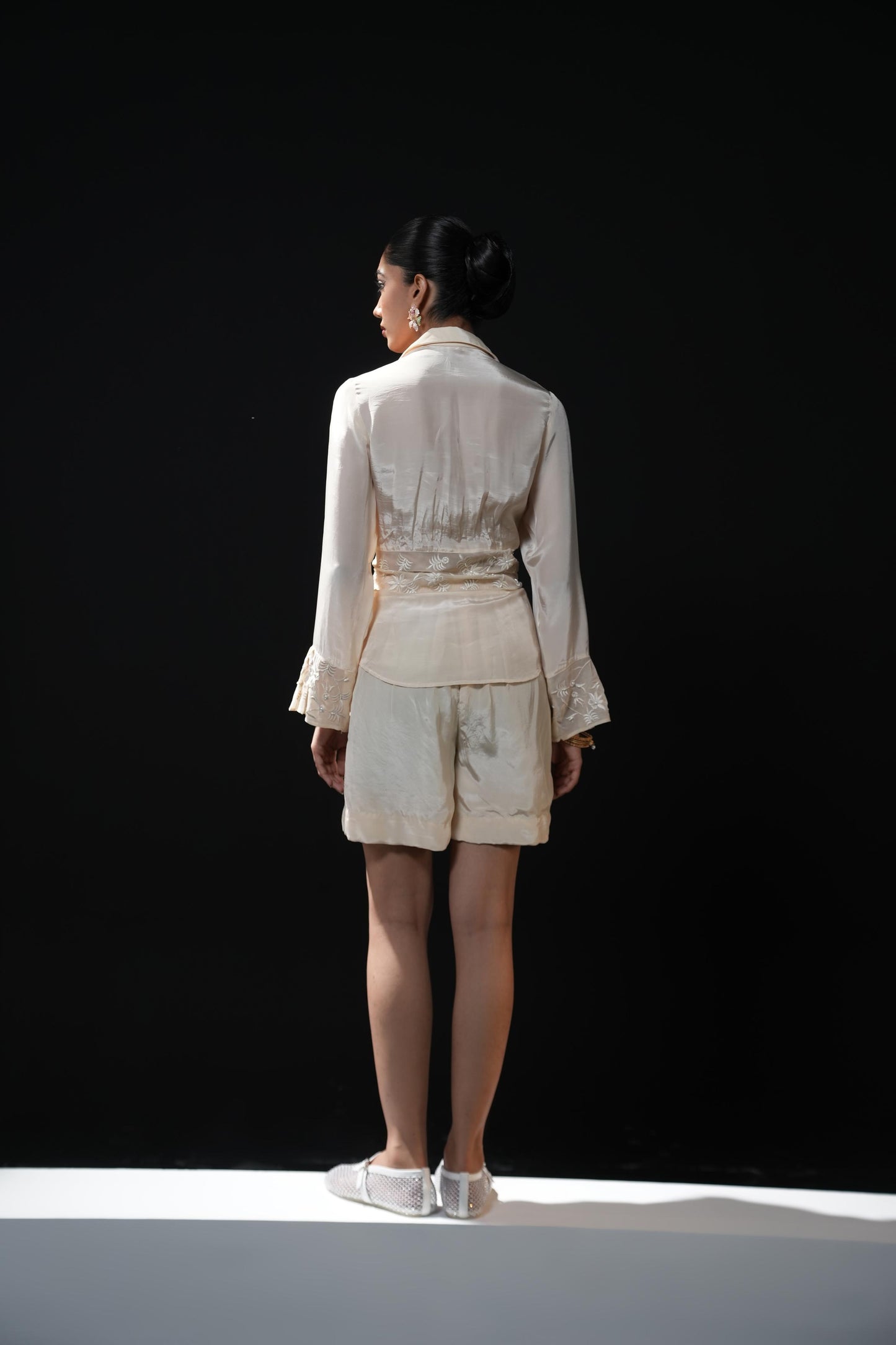 Crepe shorts coord set with silk thread and pearl embroidery