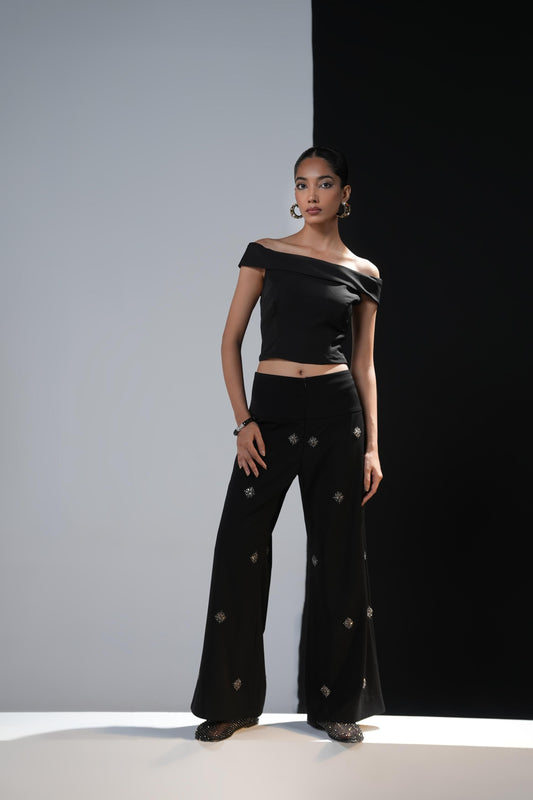 Black coord set with swaroski embelished boot cut trousers and strech fabric shirt