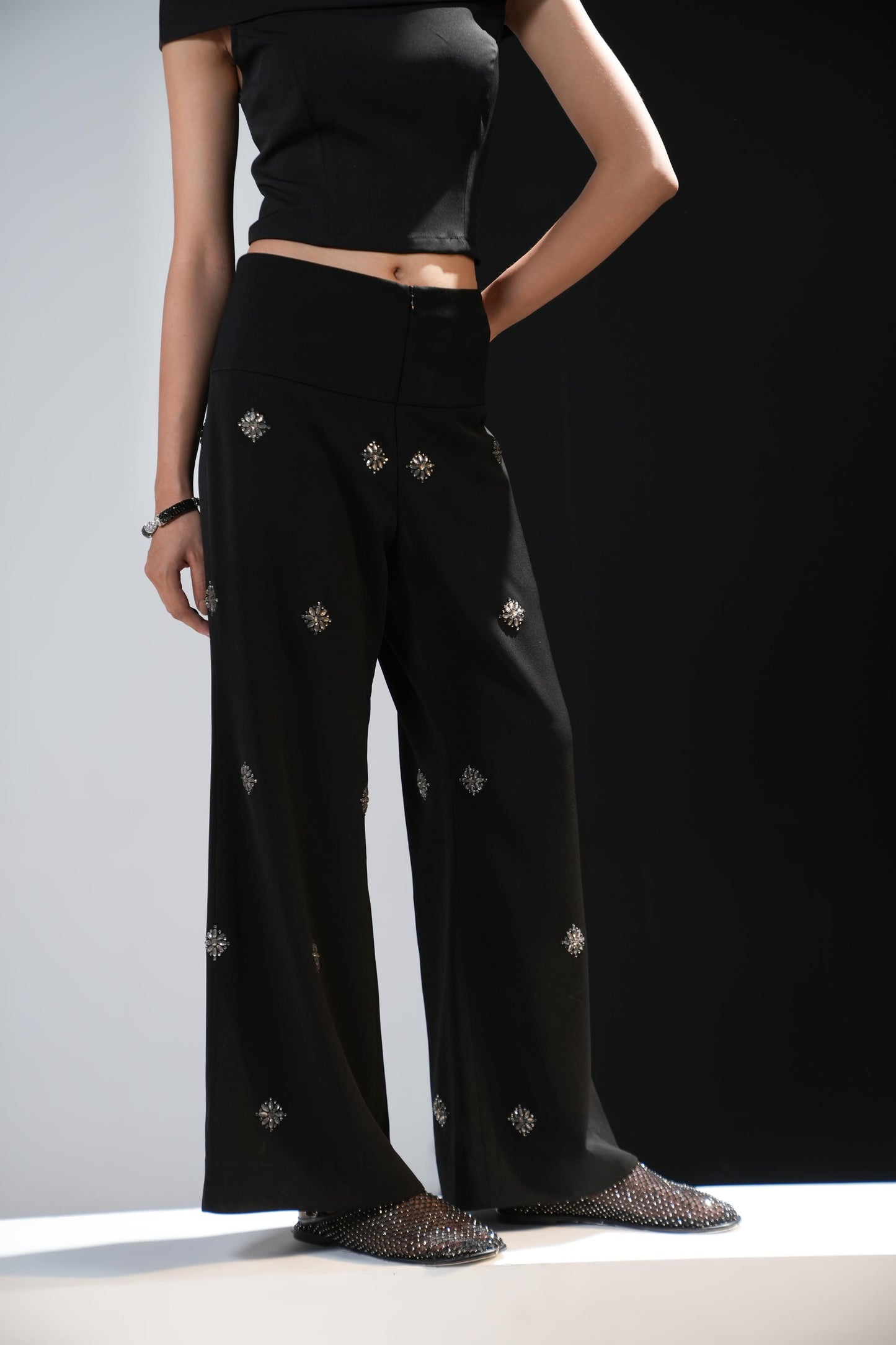 Black coord set with swaroski embelished boot cut trousers and strech fabric shirt