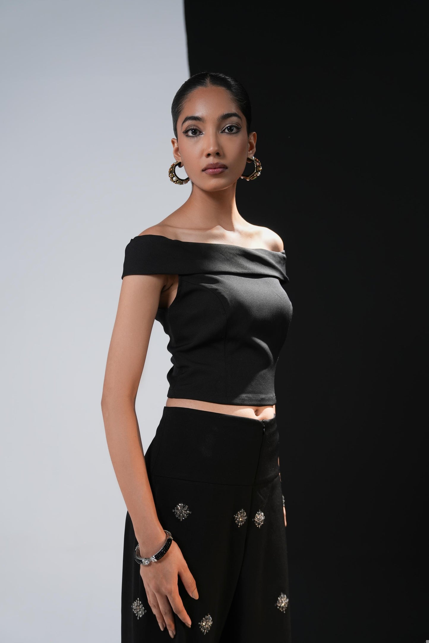 Black coord set with swaroski embelished boot cut trousers and strech fabric shirt