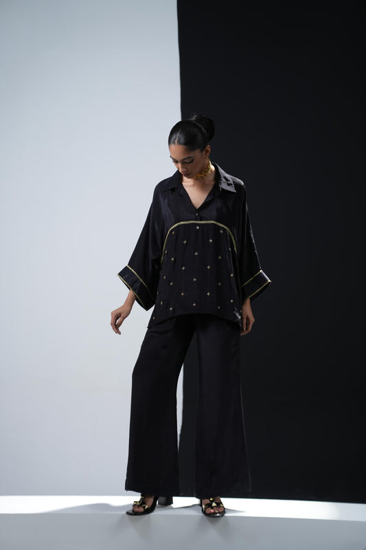 Black crepe shirt with tonal gold zardosi detailing