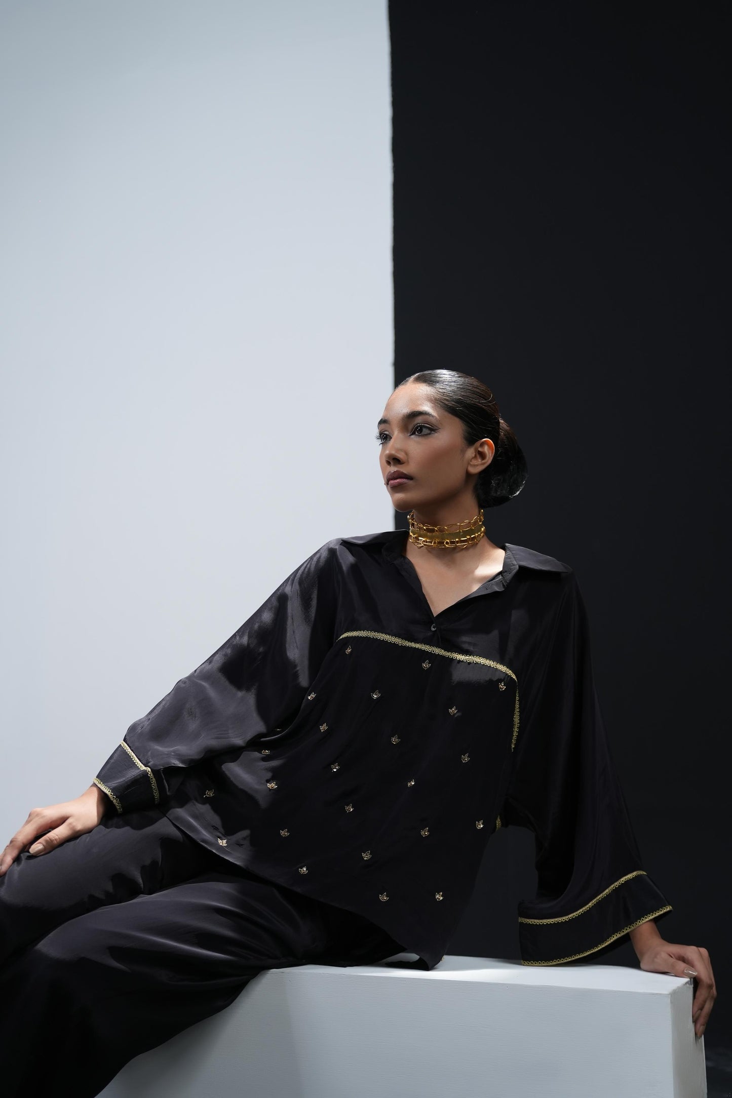 Black crepe shirt with tonal gold zardosi detailing