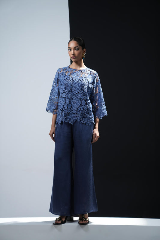 Teal blue coord set with lace shirt and satin corset and trousers