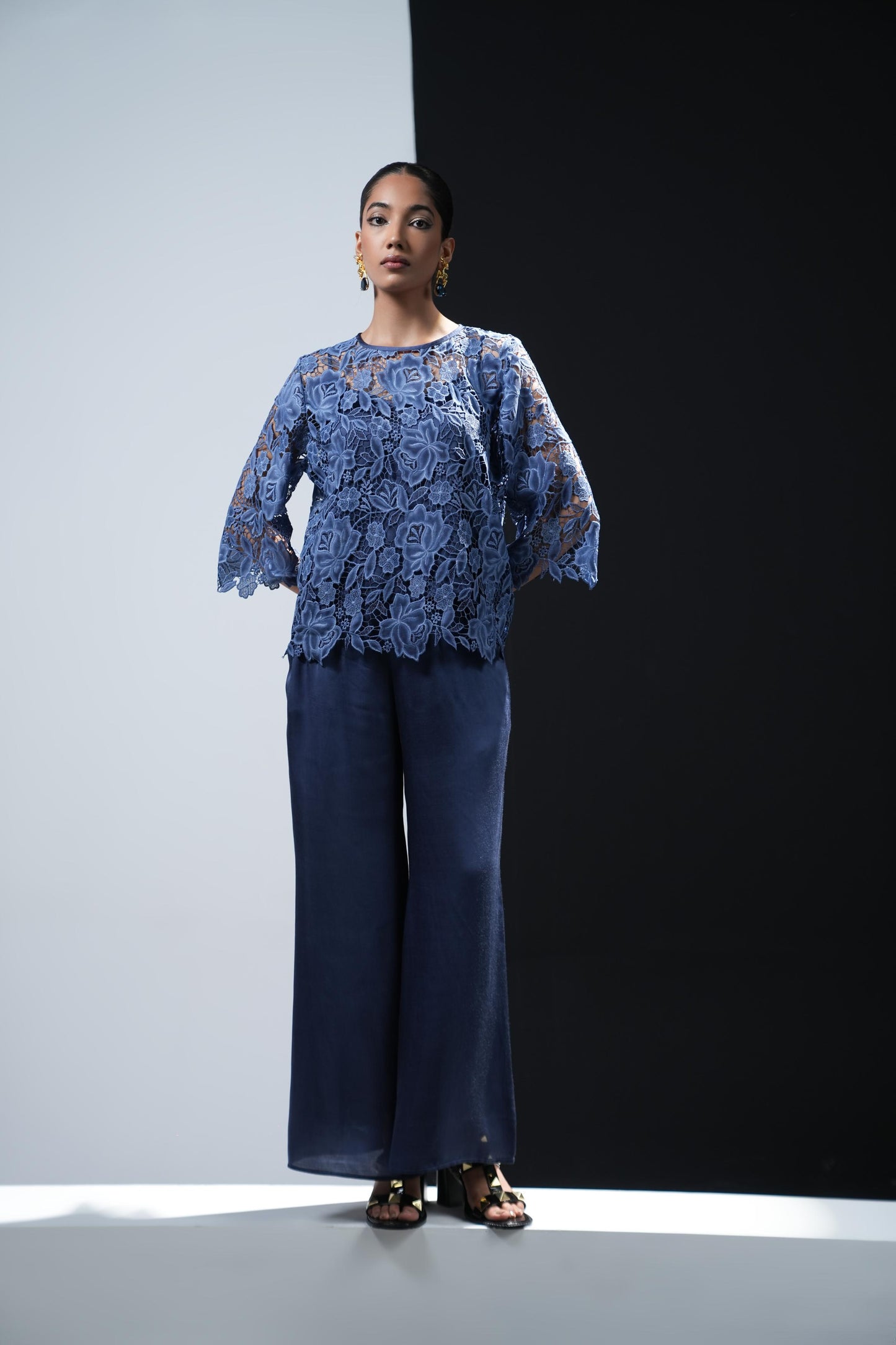 Teal blue coord set with lace shirt and satin corset and trousers