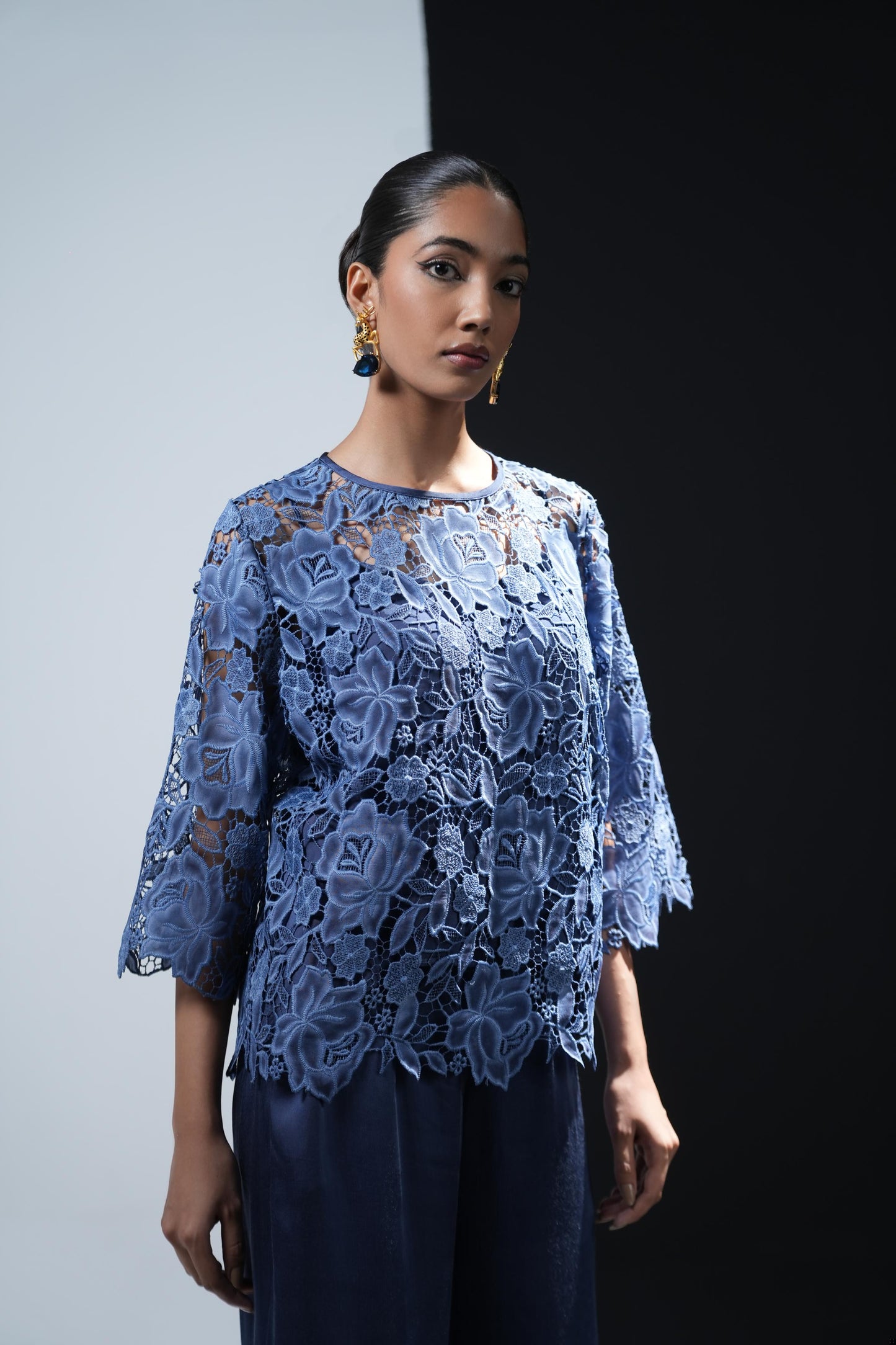 Teal blue coord set with lace shirt and satin corset and trousers