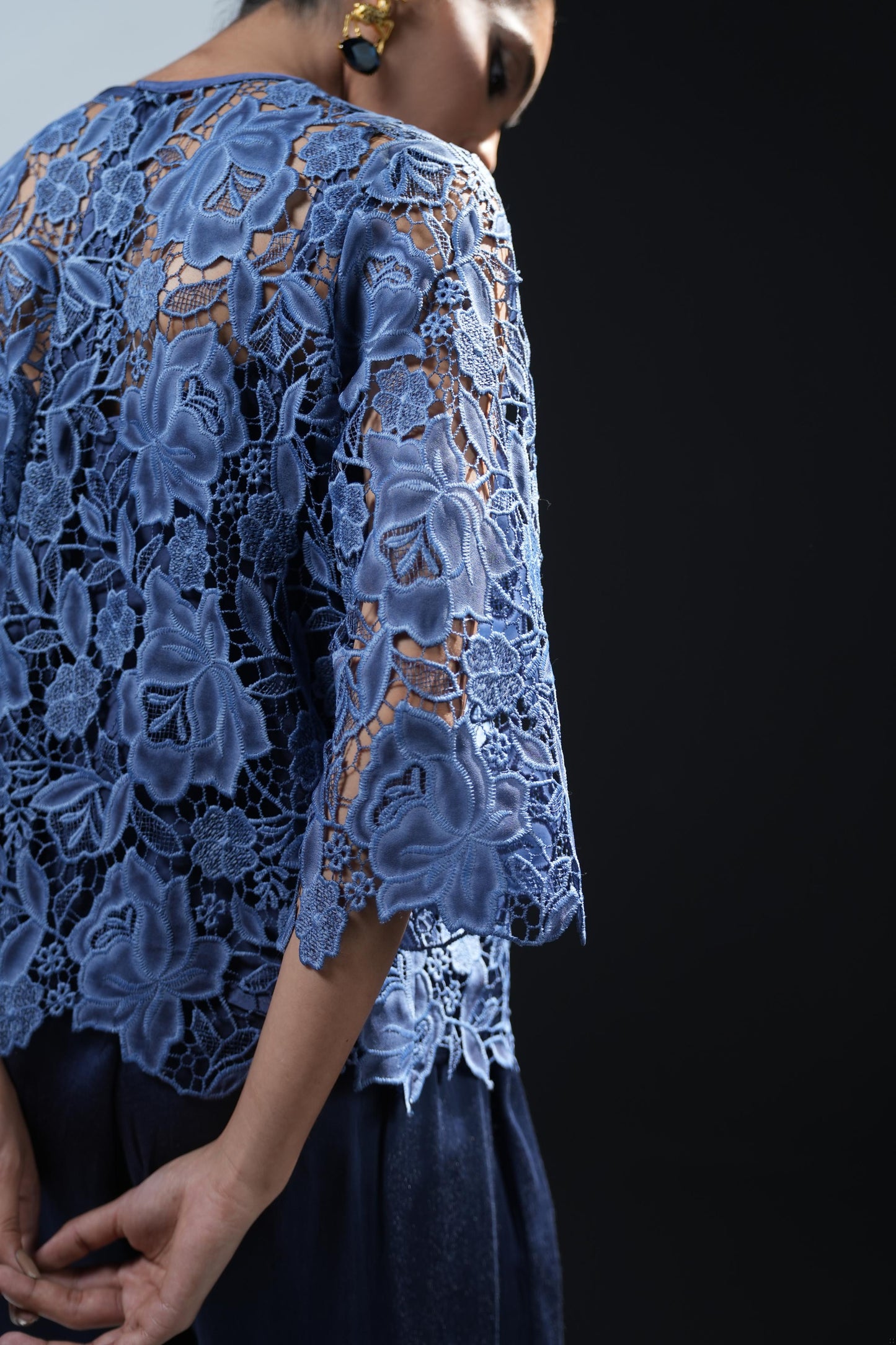 Teal blue coord set with lace shirt and satin corset and trousers