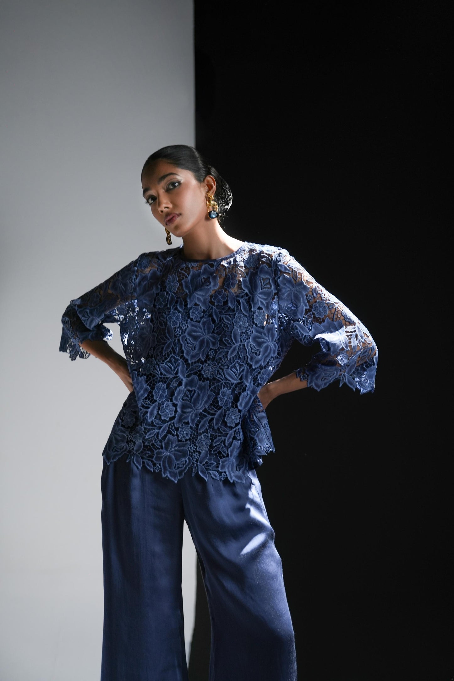 Teal blue coord set with lace shirt and satin corset and trousers